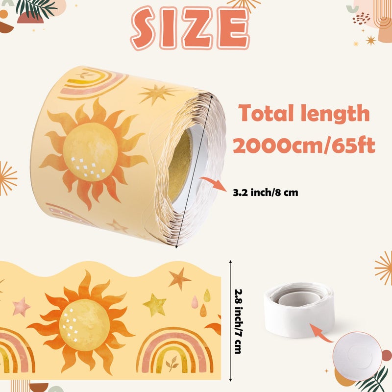 BeYumi Boho Sun Border Trim - 65ft Back to School Boho Sun Scalloped Rolled Border Trim Pastel Watercolor Bulletin Board Set Classroom Office Chalkboard Kindergarten Elementary Home Party Decoration - Image 2